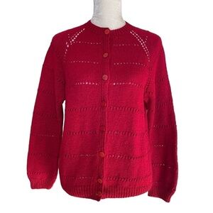 Hadmade Women’s Handcrafted Open Knit Red Cardigan Sweater Hand Knitted